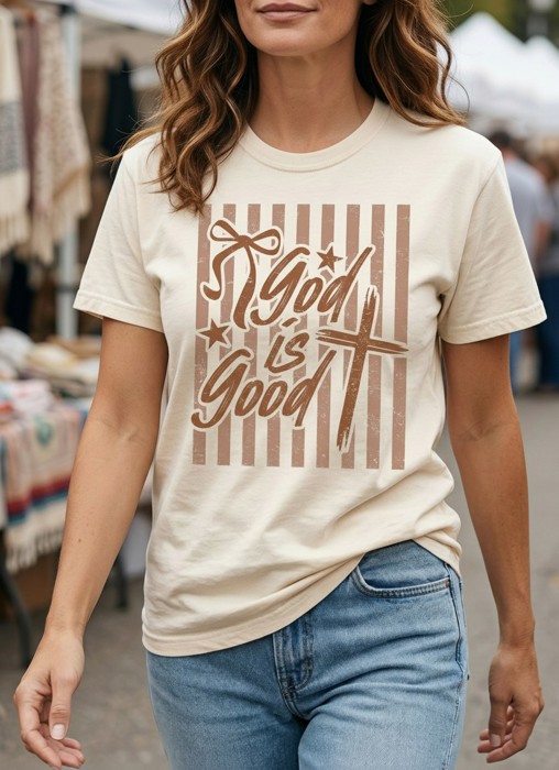 God is Good Striped Graphic Tee, Coquette Christian Shirt, Faith Based Tee, Church Outfit, Religious Gift for Women, Inspirational Tee, Christian Gift Idea