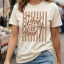  God is Good Striped Graphic Tee, Coquette Christian Shirt, Faith Based Tee, Church Outfit, Religious Gift for Women, Inspirational Tee, Christian Gift Idea