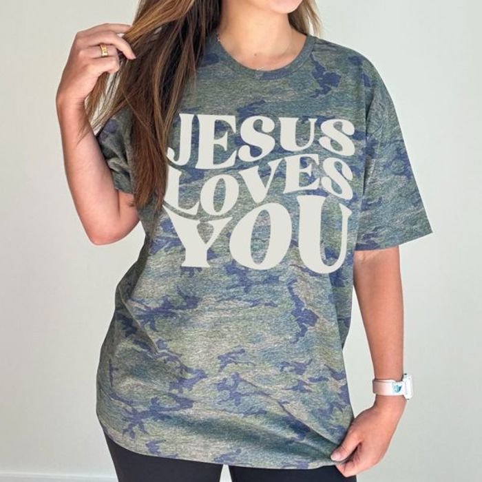 Jesus Loves You Camo T-Shirt for Women, Christian Graphic Tee, Faith Based Shirt, Religious Inspirational Tee, Bible Verse Shirt, Spiritual Gift