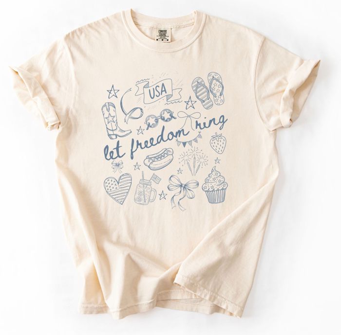 Let Freedom Ring Doodle Graphic Tee, Fourth of July Shirt Women, Patriotic Summer Tee, USA Sketch Shirt, Cute 4th of July Outfit, American Holiday Shirt, Patriotic Tee Gift