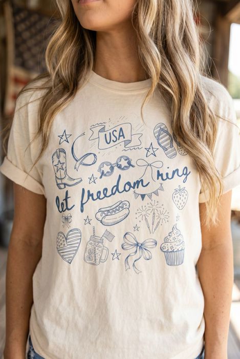 Let Freedom Ring Doodle Graphic Tee, Fourth of July Shirt Women, Patriotic Summer Tee, USA Sketch Shirt, Cute 4th of July Outfit, American Holiday Shirt, Patriotic Tee Gift