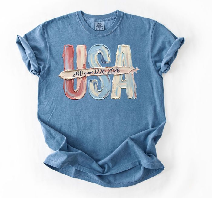 USA 250 Years 1776-2026 Faux Paint Texture Graphic Tee, America 250th Anniversary Shirt, 4th of July Outfit for Women, Patriotic Summer Tee, USA Comfort Colors Shirt