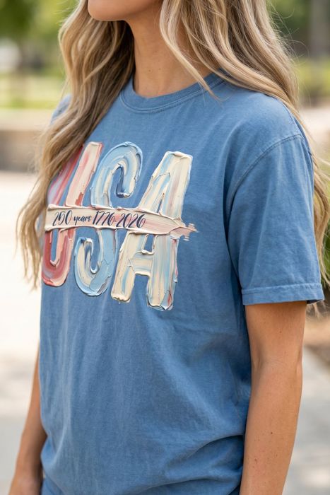 USA 250 Years 1776-2026 Faux Paint Texture Graphic Tee, America 250th Anniversary Shirt, 4th of July Outfit for Women, Patriotic Summer Tee, USA Comfort Colors Shirt