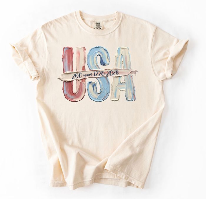 USA 250 Years 1776-2026 Faux Paint Texture Graphic Tee, America 250th Anniversary Shirt, 4th of July Outfit for Women, Patriotic Summer Tee, USA Comfort Colors Shirt