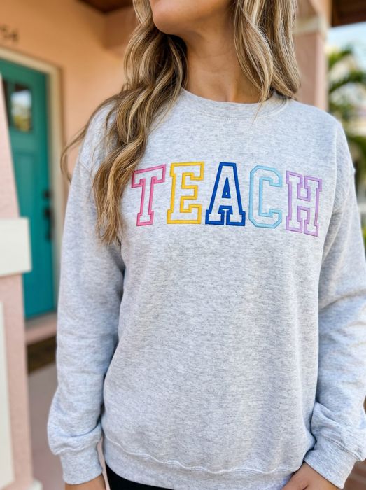 Teach Embroidered Varsity Crewneck Sweatshirt, Teacher Appreciation Gift, Cute Teacher Sweatshirt, Back to School Outfit, Teacher Life Crewneck, Gift for Teacher