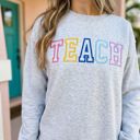  Teach Embroidered Varsity Crewneck Sweatshirt, Teacher Appreciation Gift, Cute Teacher Sweatshirt, Back to School Outfit, Teacher Life Crewneck, Gift for Teacher