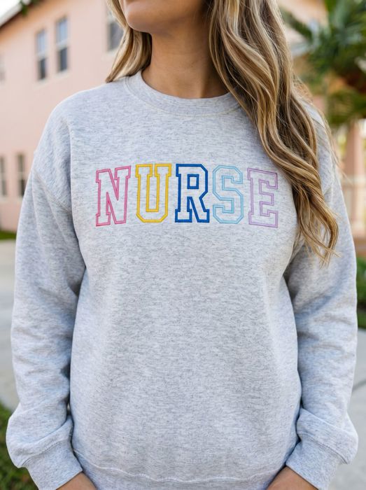 Nurse Embroidered Varsity Crewneck Sweatshirt, Nurse Appreciation Gift, Cute Nurse Sweatshirt, Nursing School Outfit, Nurse Life Crewneck, Gift for Nurse, RN Gift