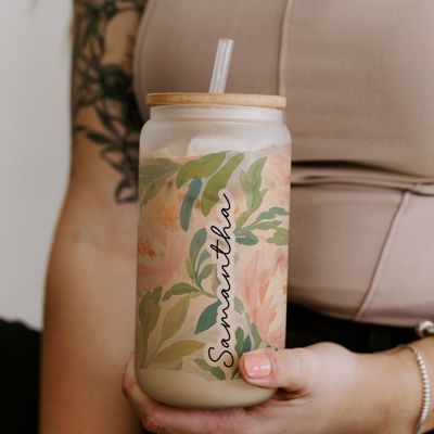 Personalized Painted Peonies Glass Cup, Custom Name Libbey Can, Floral Glass Cup with Lid & Straw, Birth Flower Tumbler, Gift for Her, Iced Coffee Cup, Bachelorette Gift