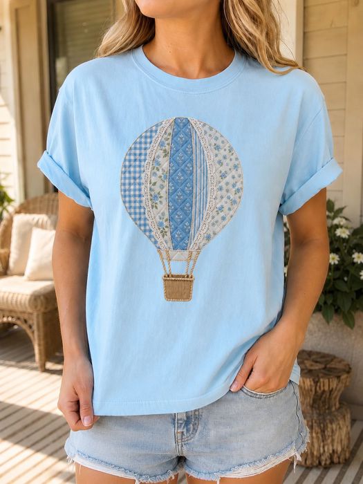 Faux Patchwork Hot Air Balloon Comfort Colors Graphic Tee, Patchwork Balloon Shirt, Vintage Inspired Applique Design, Cottagecore Top, Spring Summer Casual Tee 