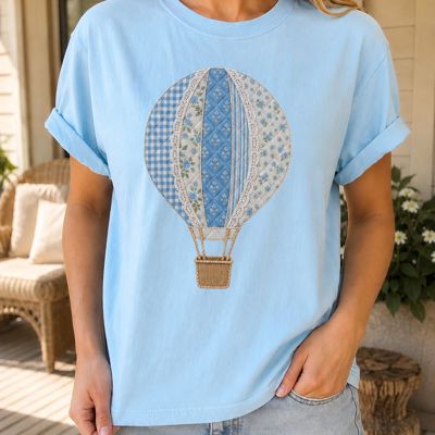 Faux Patchwork Hot Air Balloon Comfort Colors Graphic Tee, Patchwork Balloon Shirt, Vintage Inspired Applique Design, Cottagecore Top, Spring Summer Casual Tee 
