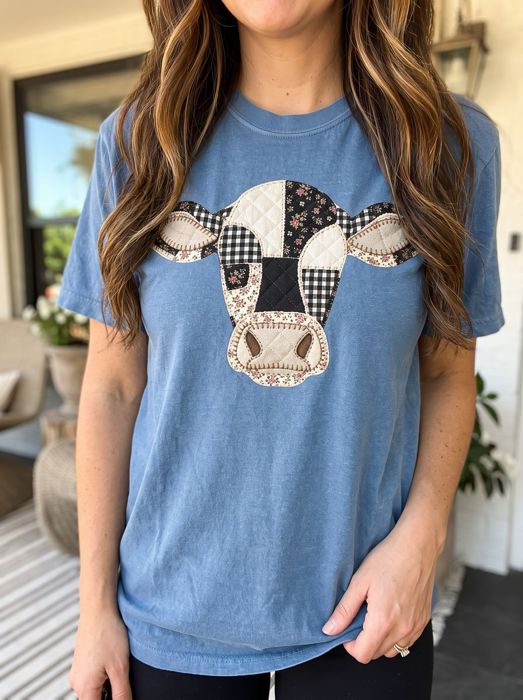 Faux Patchwork Cow Head Comfort Colors Tee, Quilted Graphic Floral Gingham Cow Shirt, Faux Applique Comfort Colors Tee, Farmhouse Graphic Top, Country Cow Lover Shirt 
