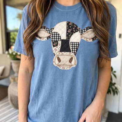 Faux Patchwork Cow Head Comfort Colors Tee, Quilted Graphic Floral Gingham Cow Shirt, Faux Applique Comfort Colors Tee, Farmhouse Graphic Top, Country Cow Lover Shirt 