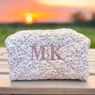 Custom Embroidered Flower Makeup Bag, Quilted Cosmetic Pouch, Personalized Toiletry Bag for Women, Makeup Organizer, Gift for Mom, Gift for Her