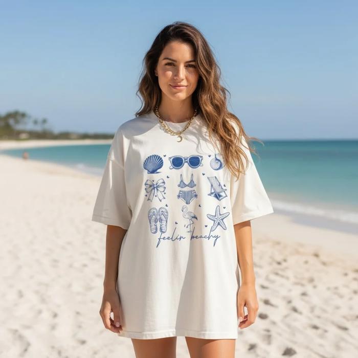Feelin' Beachy Blue Text Comfort Colors Graphic Tee – Trendy Blue Beach Shirt for Women, Cute Summer Tee for Vacation Vibes
