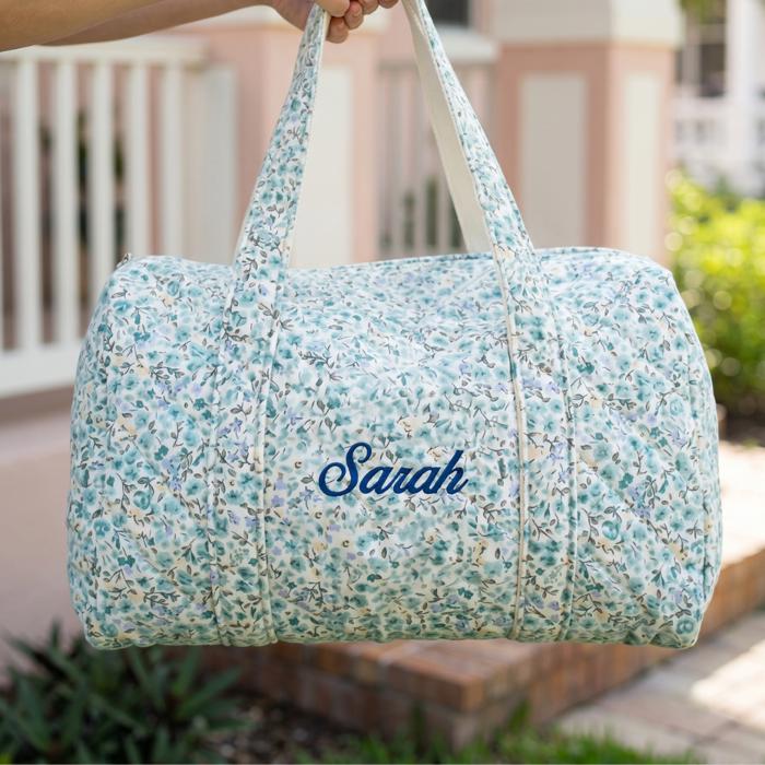 Embroidered Blue Mini Duffle Bag, Monogrammed Blue Quilted Tote Bag Floral, Bridesmaid Gift, Bridal Party Bag, Overnight Bag with Zipper, Gift for Her