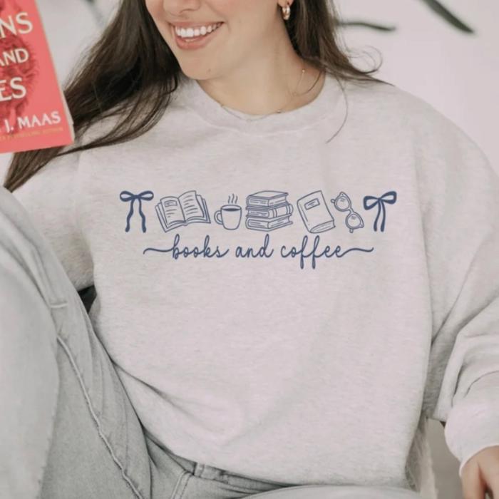 Books and Coffee Sweatshirt, Cozy Reading Crewneck, Bookworm Gift, Cute Fall Coffee Lover Pullover Sweater