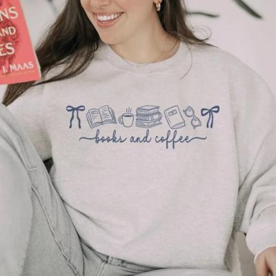 Books and Coffee Sweatshirt, Cozy Reading Crewneck, Bookworm Gift, Cute Fall Coffee Lover Pullover Sweater
