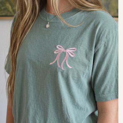 Embroidered Ribbon Bow, Coquette Bow Tee, Comfort Colors T-Shirts for Women, Trendy Bow Shirt Graphic Tee Cotton