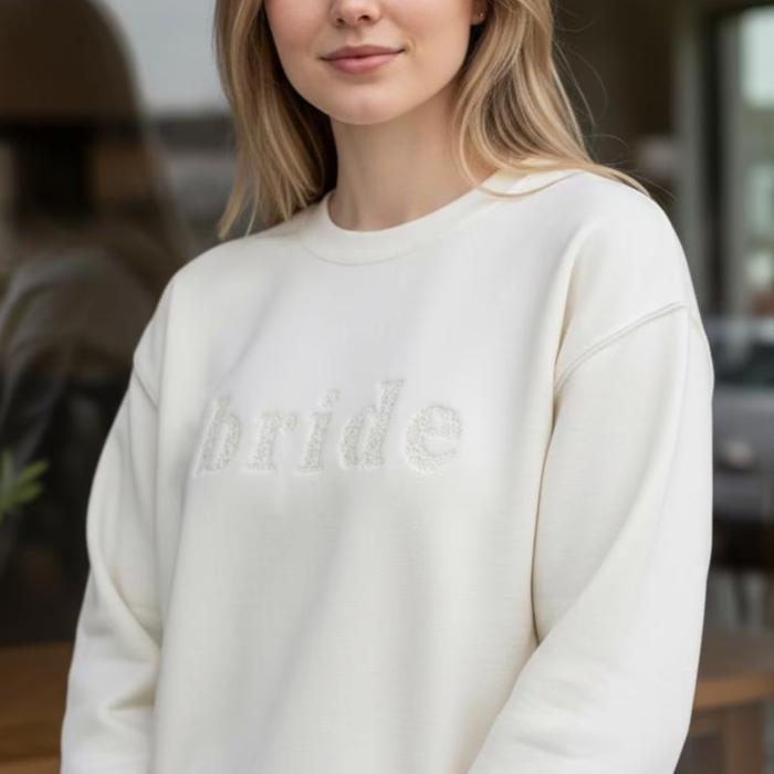 Embroidered Floral Bride Sweatshirt Crewneck with Bow, Bridal Shower Gifts, Engagement Gift, Honeymoon Sweater