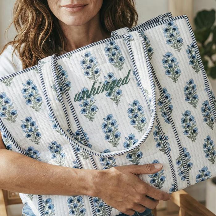 Embroidered Cotton Quilted Bag, Floral Print Tote Bag for Women, Coastal Garden Travel Bag, Handmade Shoulder Purse, Large Floral Weekender