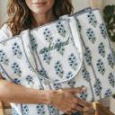  Embroidered Cotton Quilted Bag, Floral Print Tote Bag for Women, Coastal Garden Travel Bag, Handmade Shoulder Purse, Large Floral Weekender
