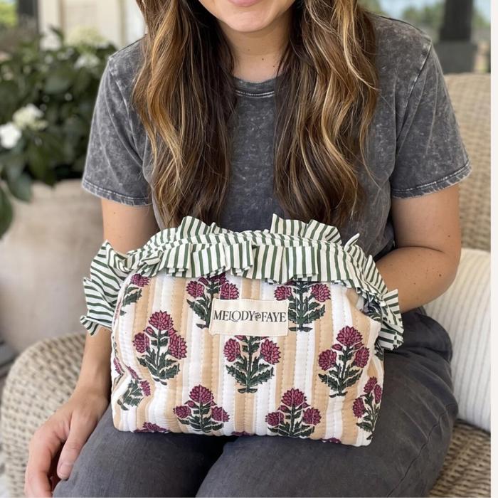 Floral Quilted Makeup Pouch with Ruffle Trim, Cotton Gingham Cosmetic Bag, Zipper Travel Organizer, Toiletry Case, Small Catch All Pouch, Gift for Her