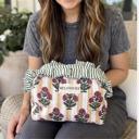  Floral Quilted Makeup Pouch with Ruffle Trim, Cotton Gingham Cosmetic Bag, Zipper Travel Organizer, Toiletry Case, Small Catch All Pouch, Gift for Her