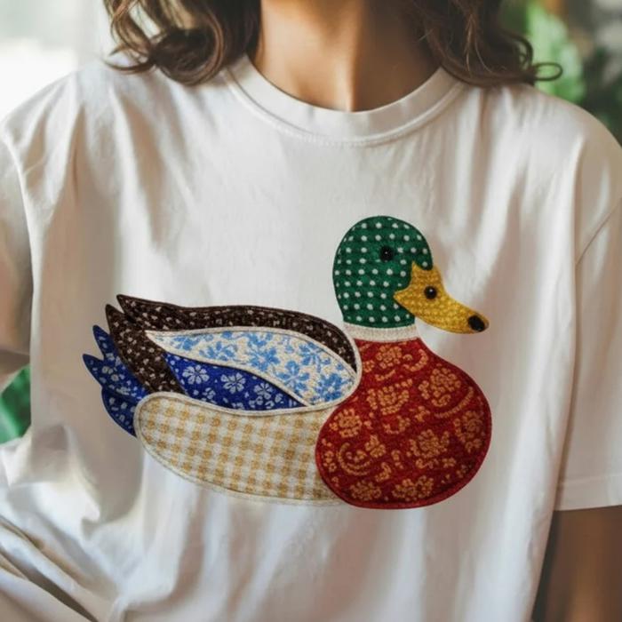 Duck Faux Texture Patchwork Shirt, Mallard Duck Graphic Tee, Cottagecore Shirt, Country Aesthetic Quilted Style, Farm Animal Top, Gift for Nature Lovers