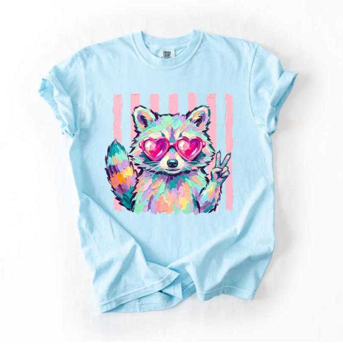Raccoon Sunglasses Stripe Comfort Colors Tee, Peace Sign Raccoon Tee, Retro Inspired Animal Shirt, Cute Wildlife Graphic, Colorful Statement Tee, Fun Casual Top, Playful Gift Idea  