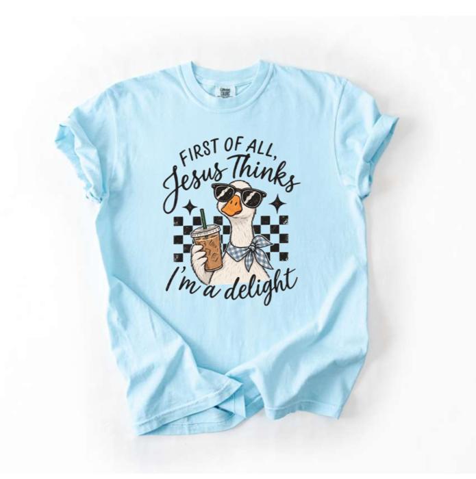 First of All, Jesus Thinks I'm a Delight Comfort Colors Tee, Christian Shirt, Funny Faith Based Goose Top, Cute Duck Lover Tee, Quirky Religious Shirt, Casual Christian Apparel  