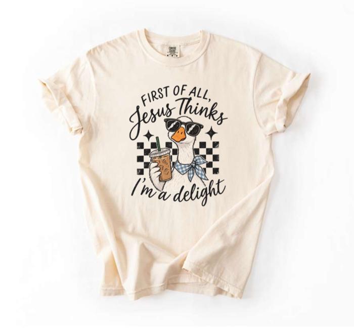 First of All, Jesus Thinks I'm a Delight Comfort Colors Tee, Christian Shirt, Funny Faith Based Goose Top, Cute Duck Lover Tee, Quirky Religious Shirt, Casual Christian Apparel  