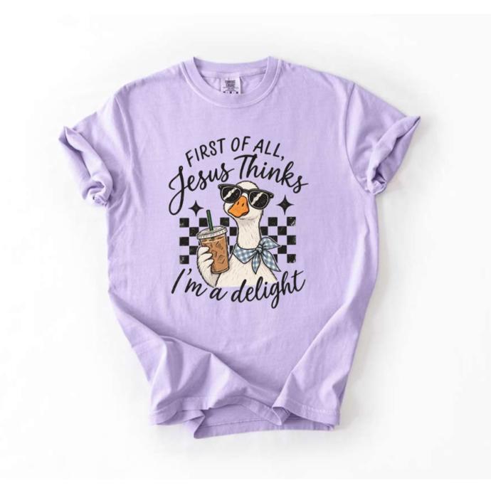 First of All, Jesus Thinks I'm a Delight Comfort Colors Tee, Christian Shirt, Funny Faith Based Goose Top, Cute Duck Lover Tee, Quirky Religious Shirt, Casual Christian Apparel  