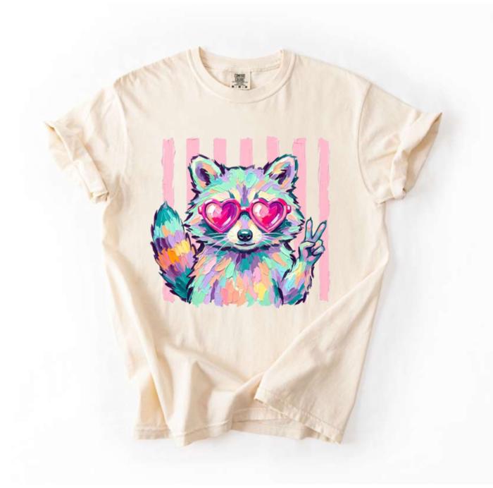 Raccoon Sunglasses Stripe Comfort Colors Tee, Peace Sign Raccoon Tee, Retro Inspired Animal Shirt, Cute Wildlife Graphic, Colorful Statement Tee, Fun Casual Top, Playful Gift Idea  