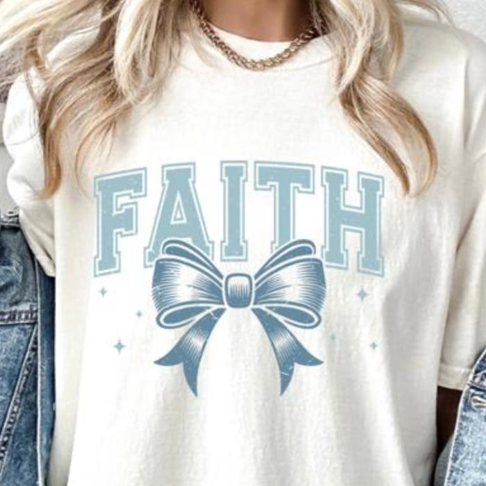 Faith Bow Christian Comfort Colors Tee – Cute Minimalist Faith Shirt for Women, Inspirational Graphic Tee with Bow Detail