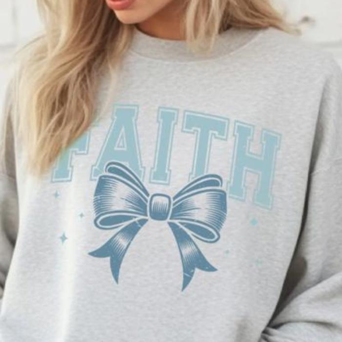 Faith Bow Christian Comfort Colors Sweatshirt – Cute Minimalist Faith Crewneck for Women, Inspirational Graphic Tee with Bow Detail