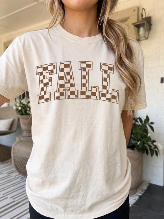 Fall Checkered Block Letter Comfort Colors Tee, Autumn Checkerboard Statement Shirt, Vintage Fall Inspired Top, Neutral Seasonal Graphic Tee, Cozy Casual Outfit, Trendy Everyday Shirt, Cute Autumn Gif