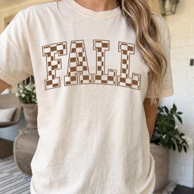 Fall Checkered Block Letter Comfort Colors Tee, Autumn Checkerboard Statement Shirt, Vintage Fall Inspired Top, Neutral Seasonal Graphic Tee, Cozy Casual Outfit, Trendy Everyday Shirt, Cute Autumn Gif