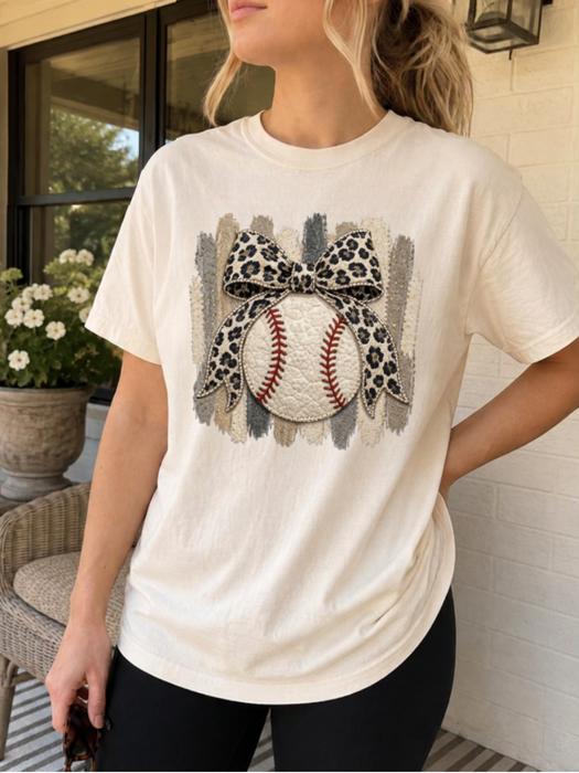 Leopard Bow Baseball Graphic Comfort Colors Tee, Faux Patchwork Sports Shirt, Cute Baseball Mom Inspired Top, Vintage Baseball Graphic Tee, Game Day Outfit