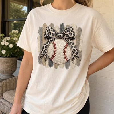 Leopard Bow Baseball Graphic Comfort Colors Tee, Faux Patchwork Sports Shirt, Cute Baseball Mom Inspired Top, Vintage Baseball Graphic Tee, Game Day Outfit