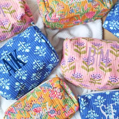 Personalized Block Pattern Floral Makeup Bag, Custom Gift, Embroidered Quilted Toiletry Pouch, Travel Cosmetic Case Gift