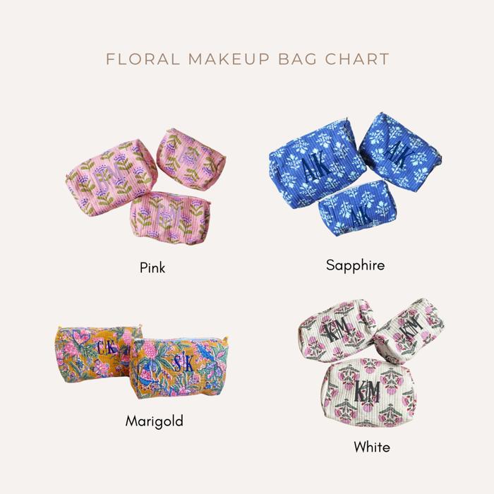 Personalized Block Pattern Floral Makeup Bag, Custom Gift, Embroidered Quilted Toiletry Pouch, Travel Cosmetic Case Gift
