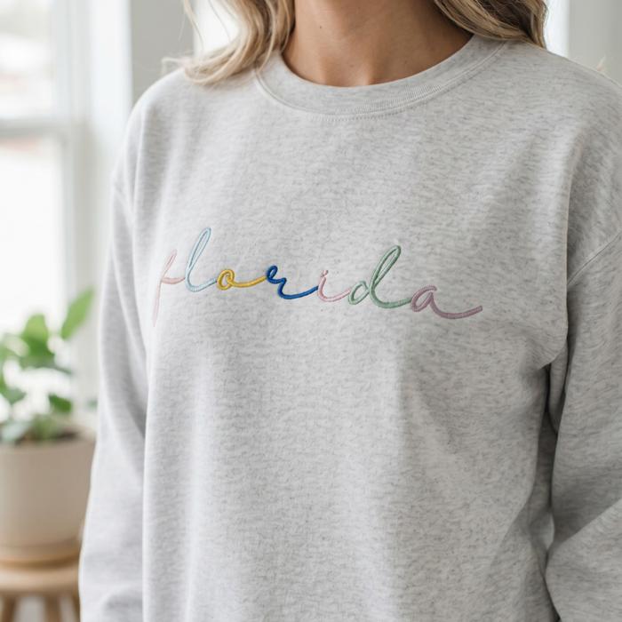 Custom Embroidered State Sweatshirt, Personalized Rainbow Script Crewneck, City Team Name Sweater, Home State Pride Gift