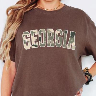 Custom Camo College Letter Tee, Personalized Comfort Colors Shirt for Women, Campus Style Oversized Tee with Custom Text, Neutral Camouflage Graphic T-Shirt