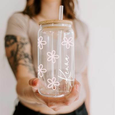 Glass Tumbler Personalized Flower Iced Coffee Cup with Name, Custom Glass with Lid and Straw, Personalized Gift Bridesmaid Gift Glass Cup