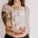  Glass Tumbler Personalized Flower Iced Coffee Cup with Name, Custom Glass with Lid and Straw, Personalized Gift Bridesmaid Gift Glass Cup