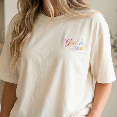Embroidered God Is Good Pastel Graphic Tee, Minimal Rainbow Christian T-Shirt, Small Front Print Faith Shirt for Women, Comfort Colors Shirt