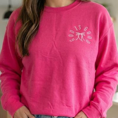 Embroidered God Is Good Sweatshirt – Minimalist Christian Crewneck with Bow Detail, Faith-Based Gift for Women