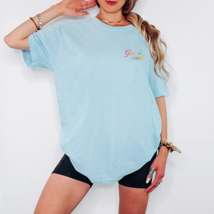 Embroidered God Is Good Pastel Graphic Tee, Minimal Rainbow Christian T-Shirt, Small Front Print Faith Shirt for Women, Comfort Colors Shirt