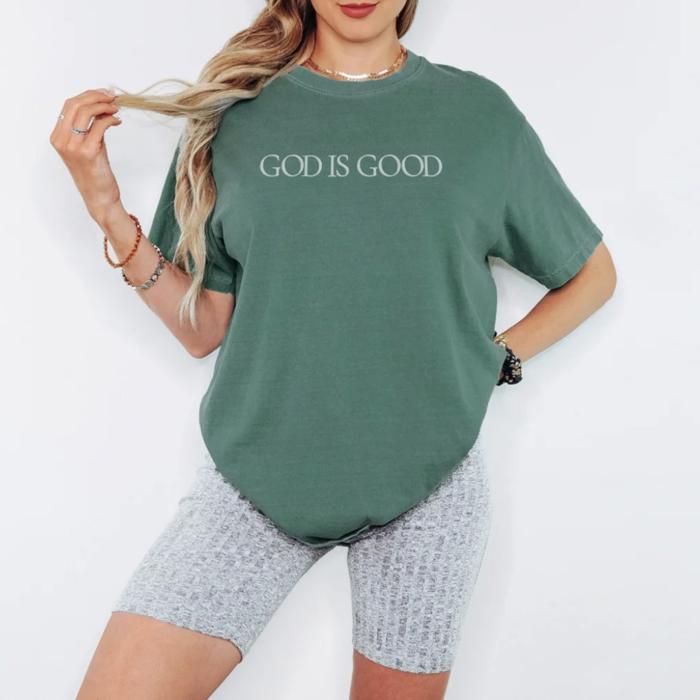 Embroidered God Is Good Minimal Christian Comfort Colors Tee, Neutral Comfort Colors Faith Shirt, Inspirational Religious Apparel