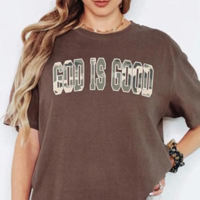 God Is Good Camouflage Comfort Colors Graphic Tee, Christian Faith Shirt for Women, Camo Lettering Religious T-Shirt, Neutral Oversized Faith Apparel